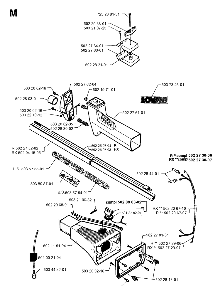 Shaft Diagram and Parts List for 250RX 19954000001-19973100000 Husqvarna Brush Cutter