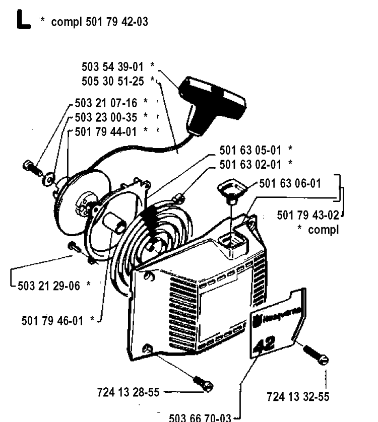 Starter Diagram and Parts List for 42 19941400001-19944900000 Husqvarna Chainsaw