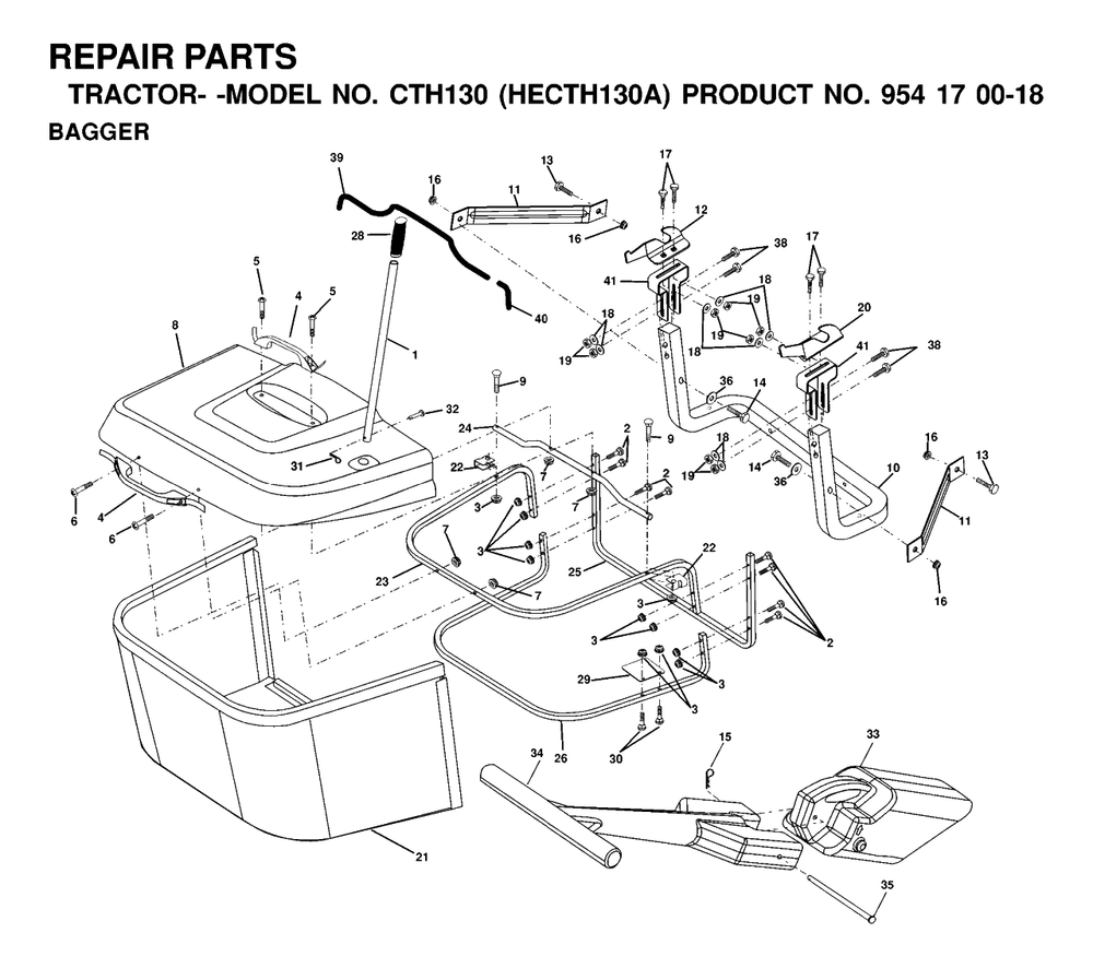 Bagger Diagram and Parts List for CTH130 (954170018-A)(2000-03) Husqvarna Lawn Tractor