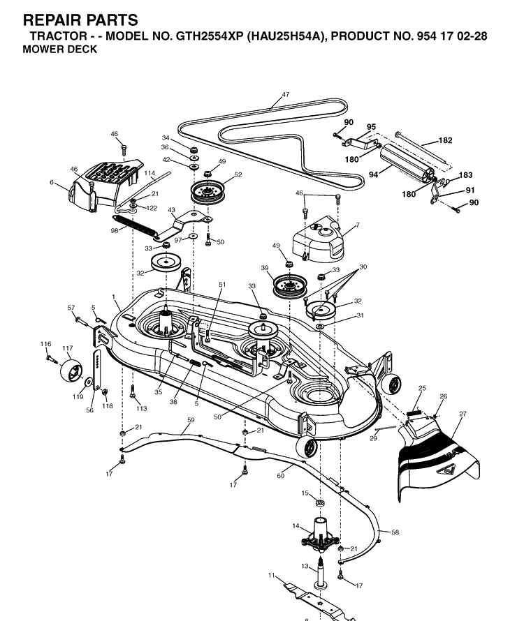 Mower Deck / Cutting Deck Diagram and Parts List for GTH2554XP (HAU25H54A)(2004-09) Husqvarna Lawn Tractor