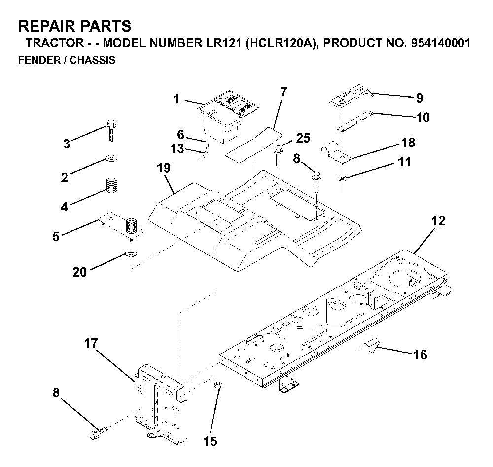 Chassis And Enclosures Diagram and Parts List for LR121 (HCLR120A, 954140001)(1996-08) Husqvarna Lawn Tractor
