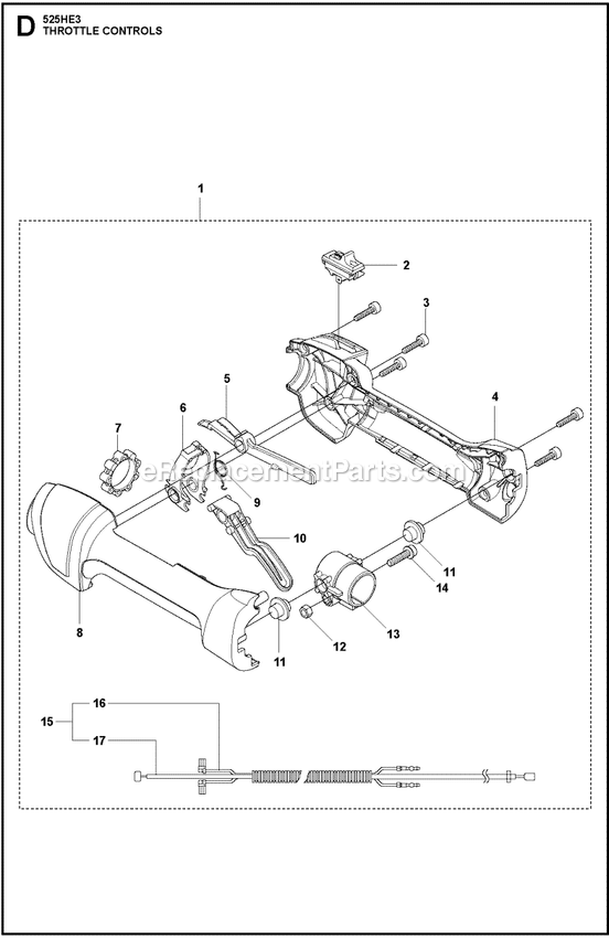 Throttle Controls Diagram and Parts List for 525HE3  Husqvarna Trimmer