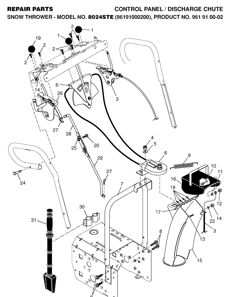Control Panel And Discharge Chute Diagram and Parts List for 8024STE (96191000200)(2005-10) Husqvarna Snow Blower