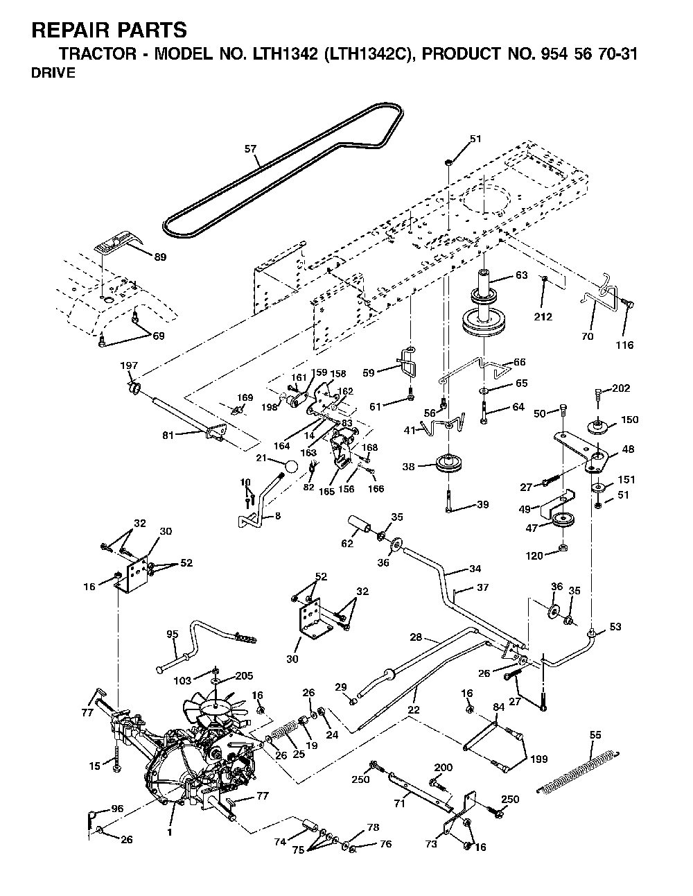 Drive Diagram and Parts List for LTH1342 (LTH1342C, 954567031)(2001-11) Husqvarna Lawn Tractor