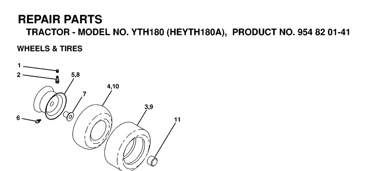Wheels And Tires Diagram and Parts List for YTH180 (HEYTH180A)(1998-12) Husqvarna Lawn Tractor