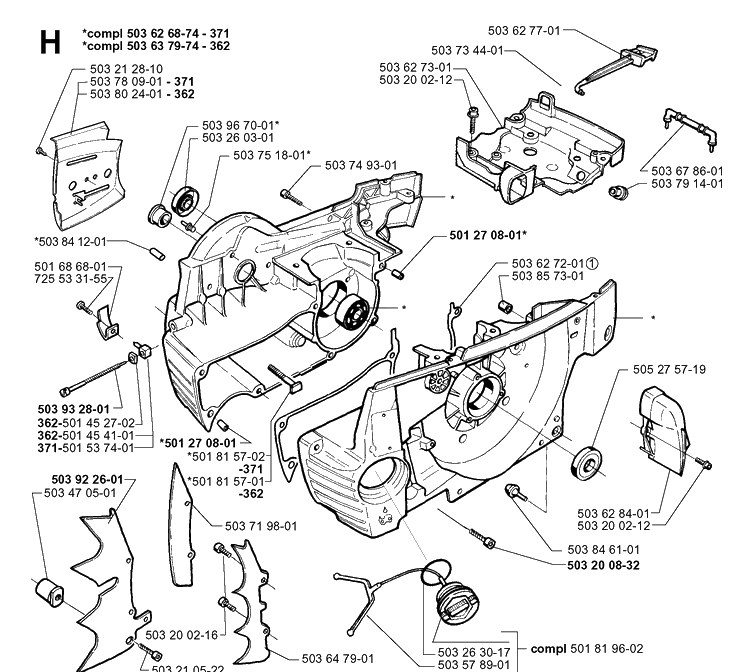 Crankcase Diagram and Parts List for 371XP 19991800001-Current Husqvarna Chainsaw