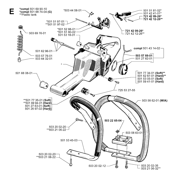 Fuel Tank And Handle Diagram and Parts List for 272XP 19994500001-20070100000 Husqvarna Chainsaw