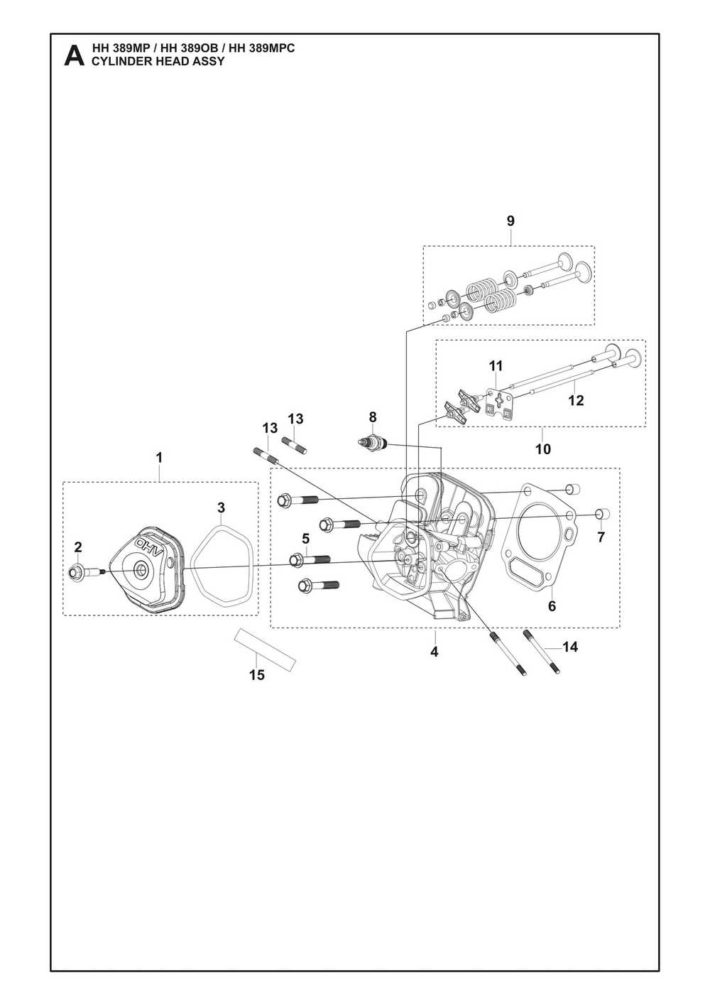 Cylinder Head Assembly Diagram and Parts List for HH389MP OB Husqvarna Engine