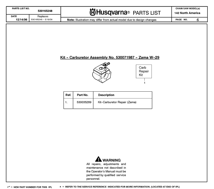 Carburetor Diagram and Parts List for 142 20064900001-20070100000 Husqvarna Chainsaw