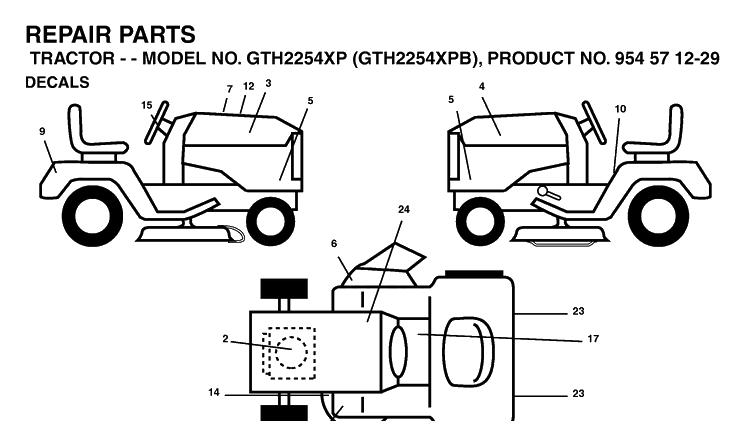 Decals Diagram and Parts List for GTH2254XP-GTH2254XPB 2004-08 Husqvarna Lawn Tractor