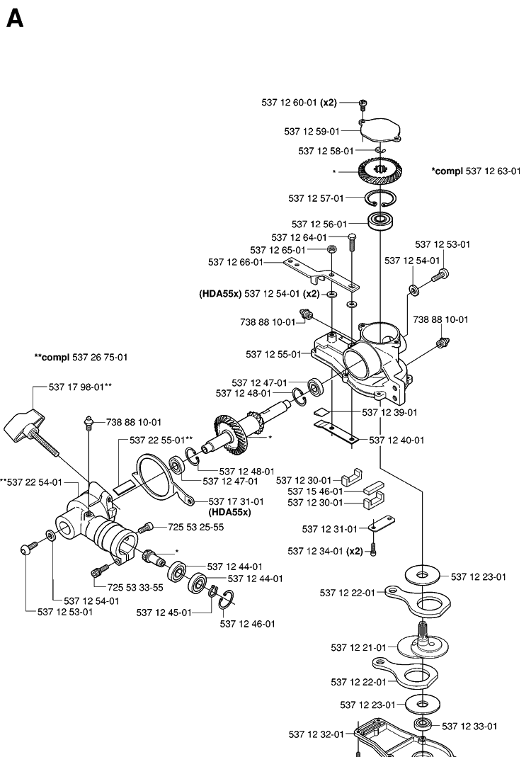 Gear Housing Diagram and Parts List for 324HDA55 (X-SERIES)(20041800001-20053600000) Husqvarna Hedge Trimmer