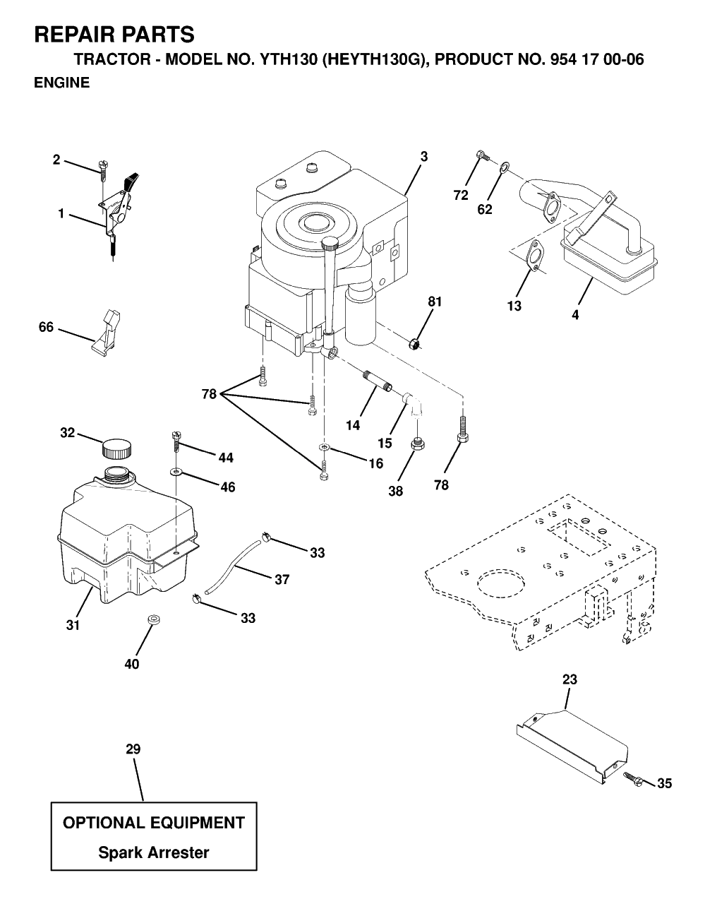 Engine Diagram and Parts List for YTH130 (954170006-G)(1998-12) Husqvarna Lawn Tractor
