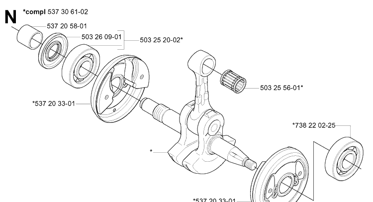 Crankshaft Diagram and Parts List for 575XP 20051400001-20070100000 Husqvarna Chainsaw