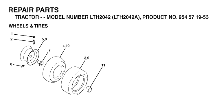 Wheels And Tires Diagram and Parts List for LTH2042-LTH2042A 2003-12 Husqvarna Lawn Tractor