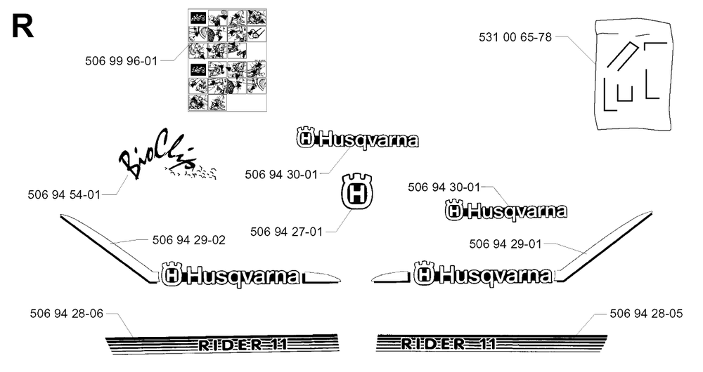Decals Diagram and Parts List for R11BIO 2001-01 Husqvarna Lawn Tractor