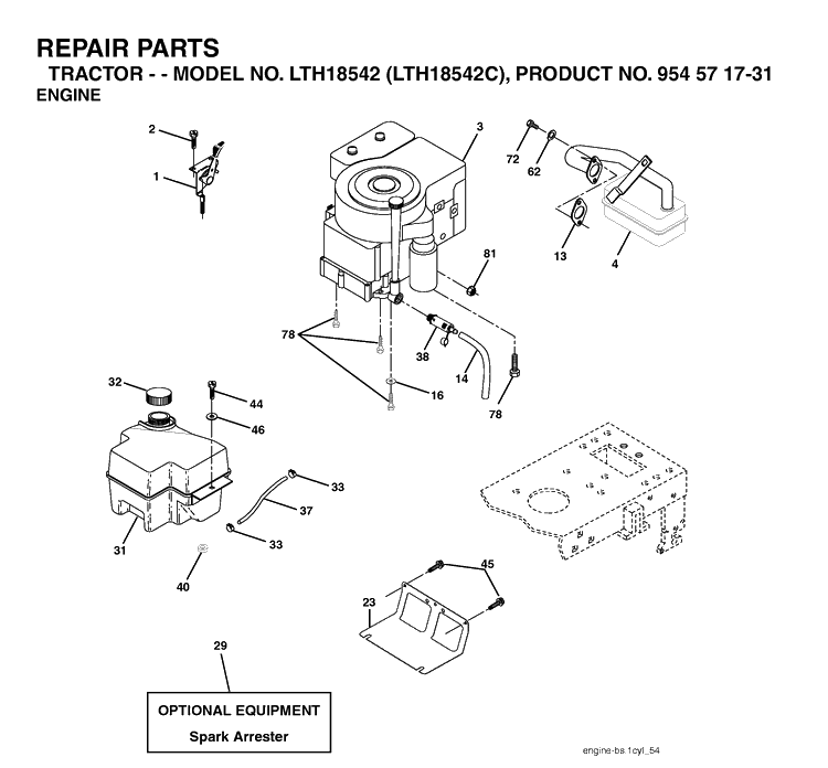 Engine Diagram and Parts List for LTH18542-LTH18542C 2004-08 Husqvarna Lawn Tractor