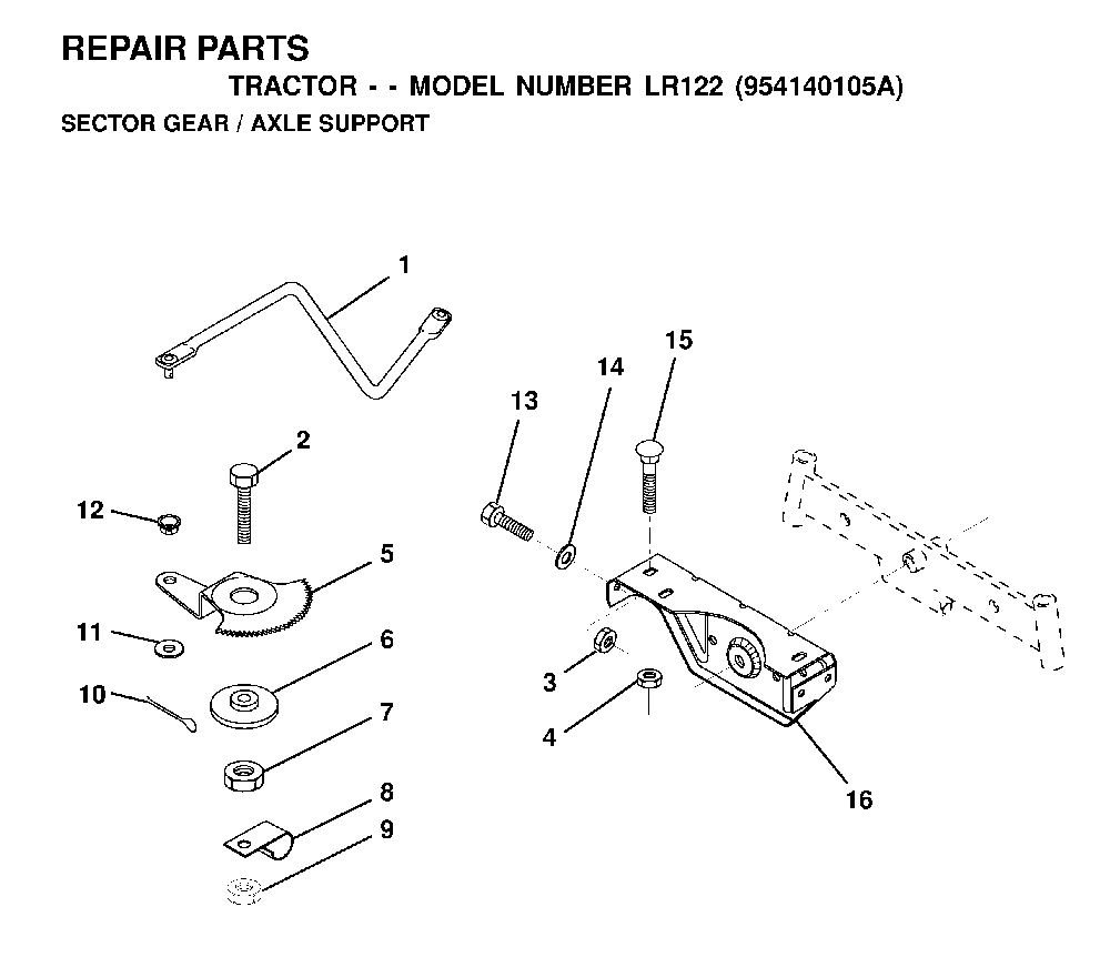 Sector Gear / Axle Support Diagram and Parts List for LR122 (954140105A)(1999-09) Husqvarna Lawn Tractor
