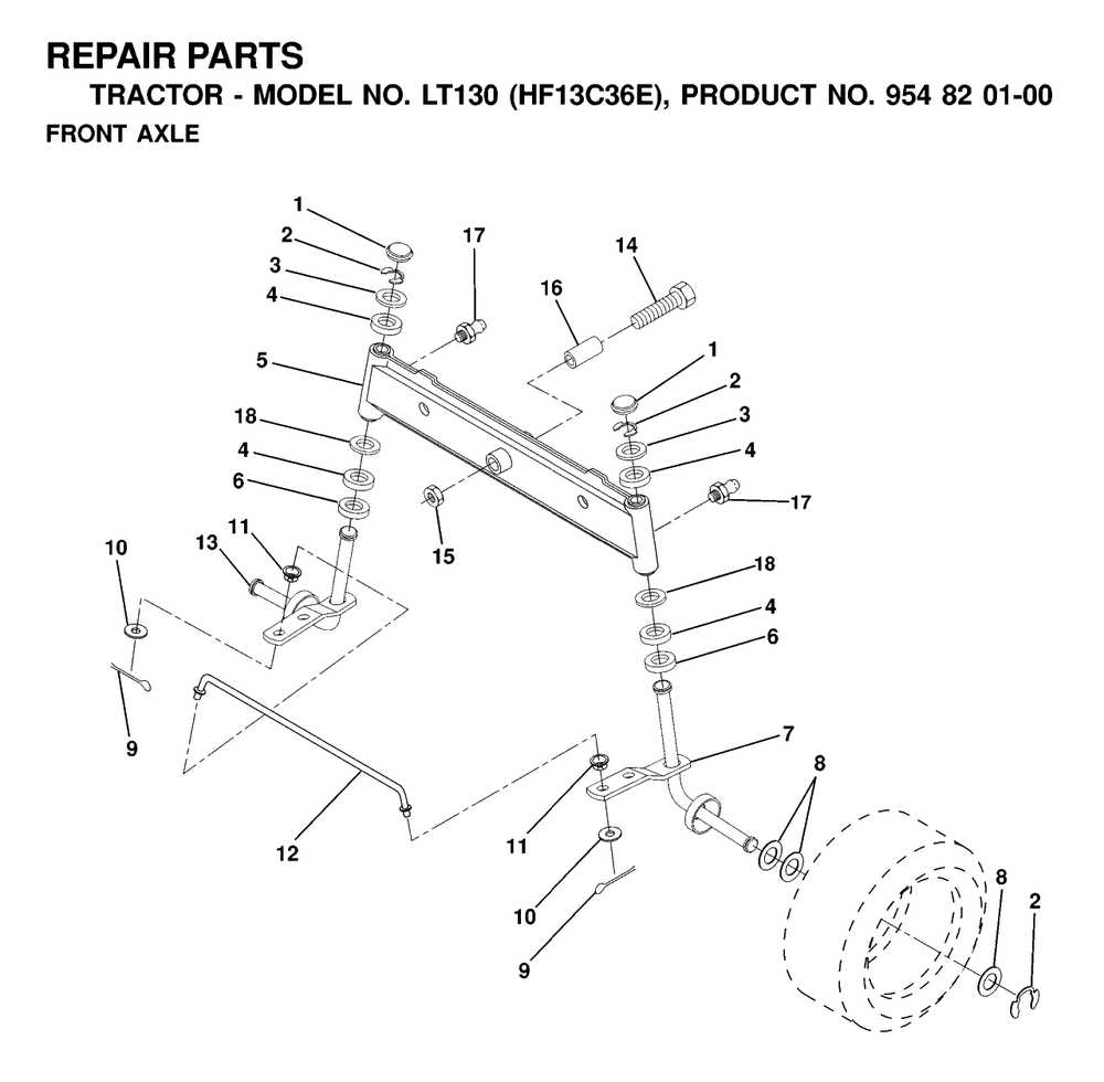 Front Axle Diagram and Parts List for LT130 (954820100-E)(2000-02) Husqvarna Lawn Tractor