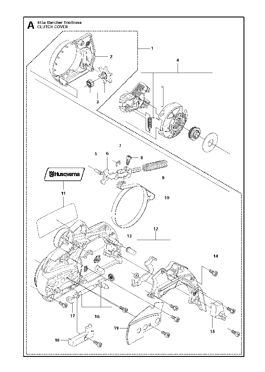 Clutch Cover Diagram and Parts List for 455ERANCHERTRIOBRAKE 2013-01 Husqvarna Chainsaw