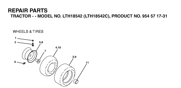 Wheels And Tires Diagram and Parts List for LTH18542-LTH18542C 2004-08 Husqvarna Lawn Tractor