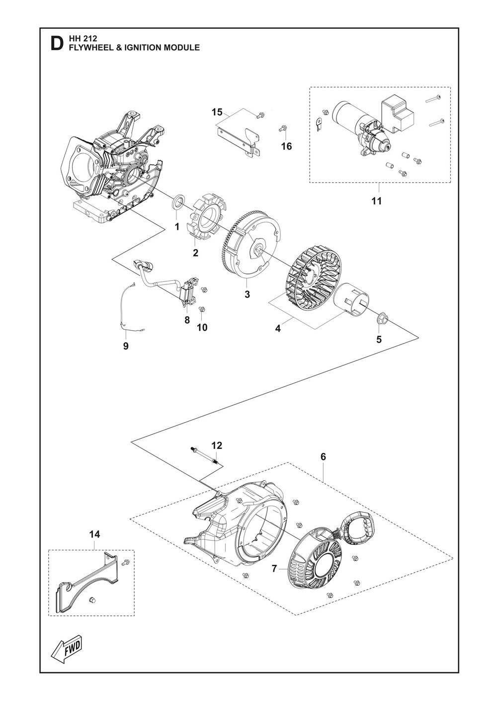 Flywheel And Ignition Assembly Diagram and Parts List for HH212 598609601, 598609602, 598609603 Husqvarna Engine
