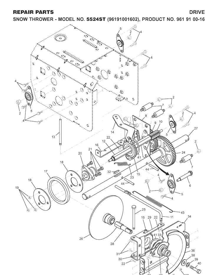 Drive Diagram and Parts List for 5524ST (96191001602)(2007-10) Husqvarna Snow Blower