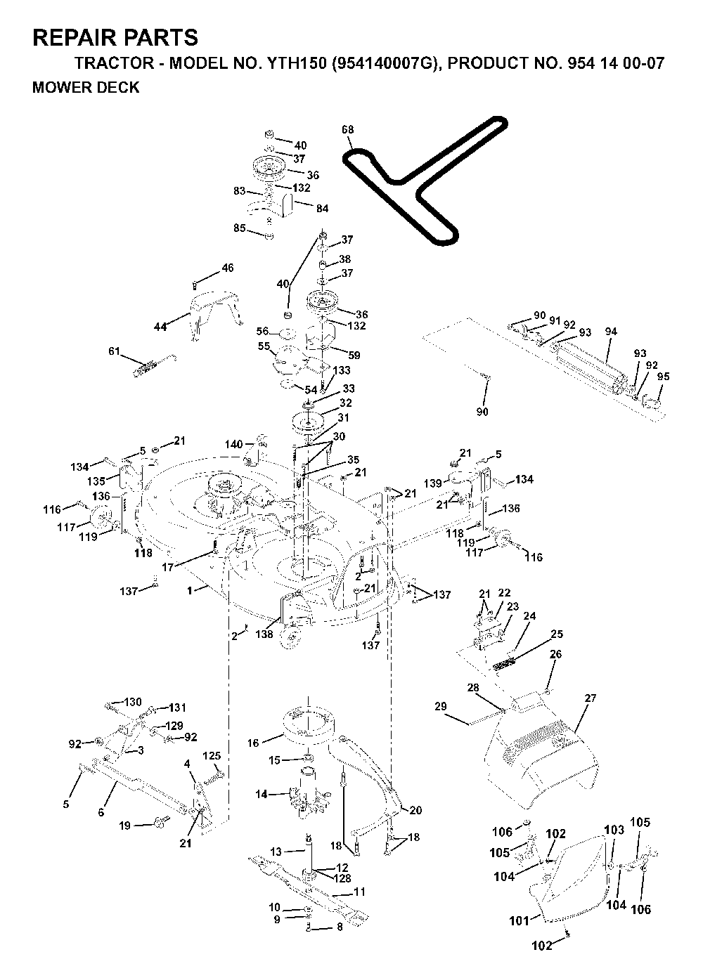 Mower Deck / Cutting Deck Diagram and Parts List for YTH150 (954140007G, 954140007)(1998-09) Husqvarna Lawn Tractor