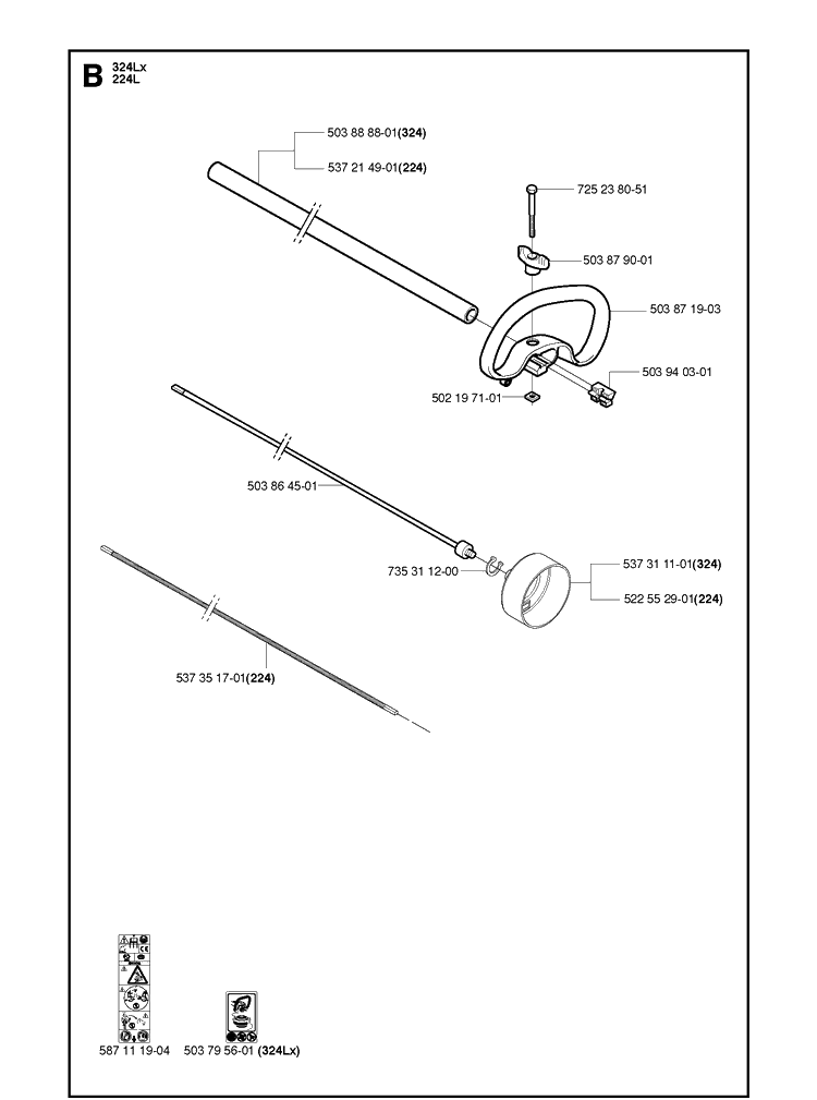 Shaft And Handle Diagram and Parts List for 224L  Husqvarna Edger