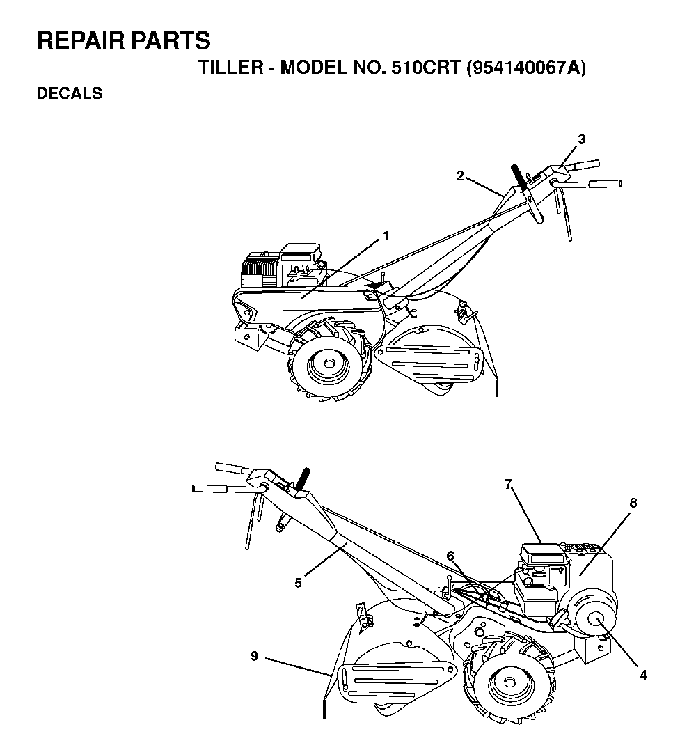 Decals Diagram and Parts List for 510CRT (954140067A)(1998-02) Husqvarna Tiller