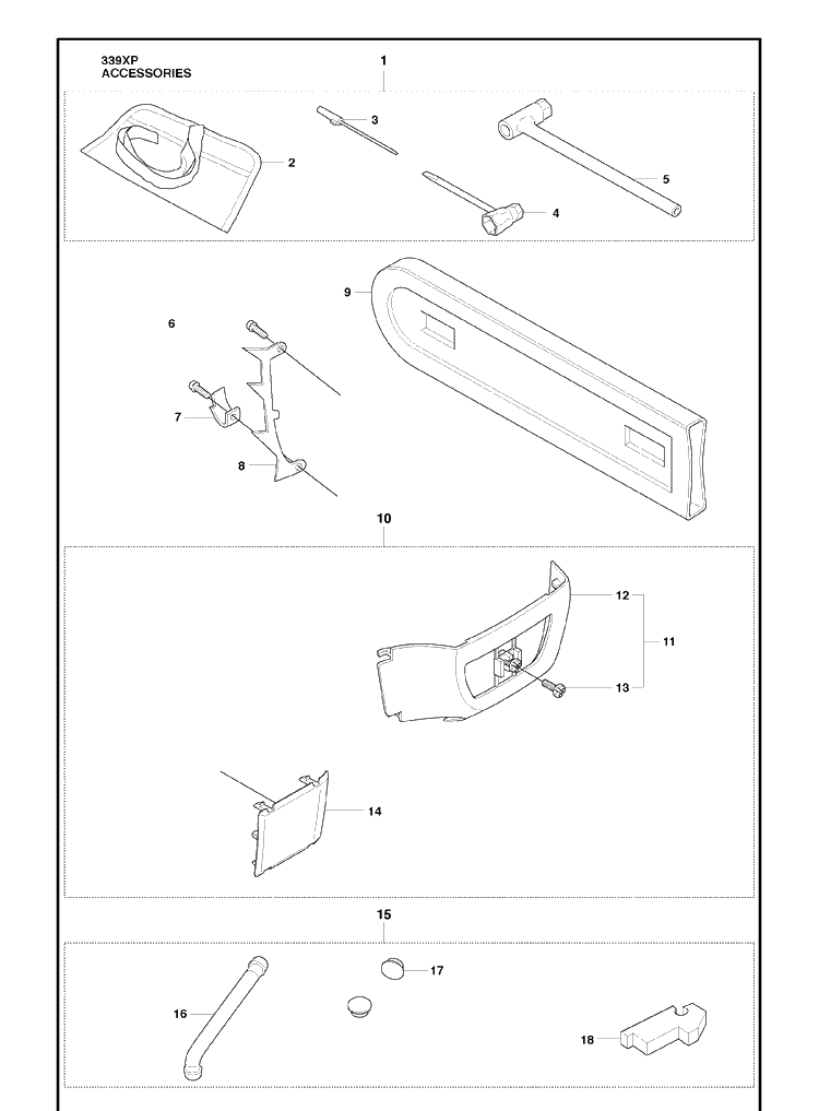 Accessories Diagram and Parts List for 339XP 2010-02 Husqvarna Chainsaw
