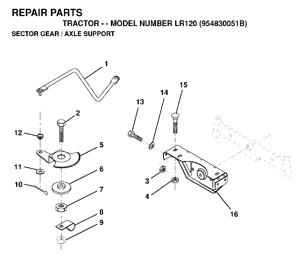 Sector Gear / Axle Support Diagram and Parts List for LR120 (954830051B)(1996-05) Husqvarna Lawn Tractor