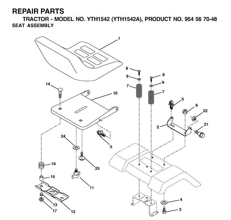 Seat Diagram and Parts List for YTH1542 (954567048)(2000-11) Husqvarna Lawn Tractor