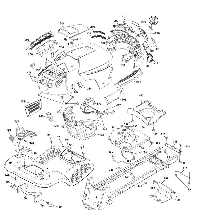 Chassis Diagram and Parts List for LGT2554 (96043007400)(2009-09) Husqvarna Lawn Mower