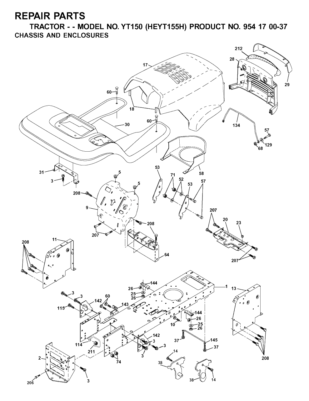 Chassis And Enclosures Diagram and Parts List for YT150 (954170037-H)(2001-09) Husqvarna Lawn Tractor