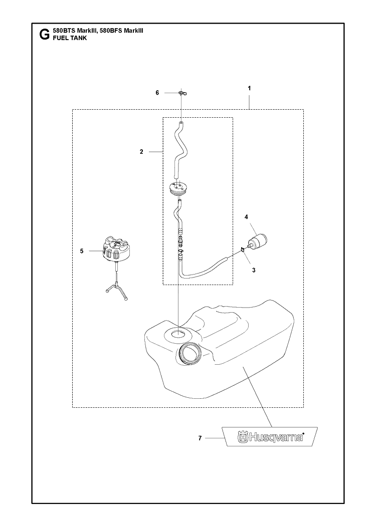 Fuel Tank Diagram and Parts List for 580BFS 580BTS Mark III Husqvarna Leaf Blower / Vacuum