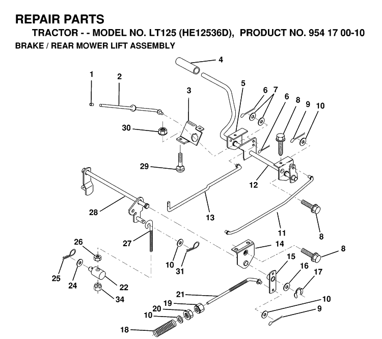 Brake / Rear Mower Lift Diagram and Parts List for LT125 (HE12536D)(1998-12) Husqvarna Lawn Tractor