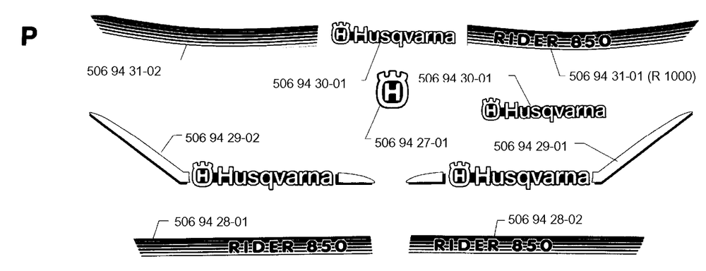 Decals Diagram and Parts List for R850 1996-01 Husqvarna Lawn Tractor
