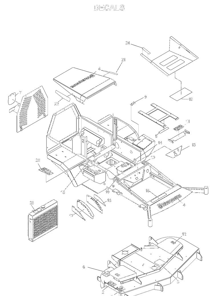 Decals Diagram and Parts List for BZE7234D (033600000 and Up)(2005-02) Husqvarna Lawn Mower