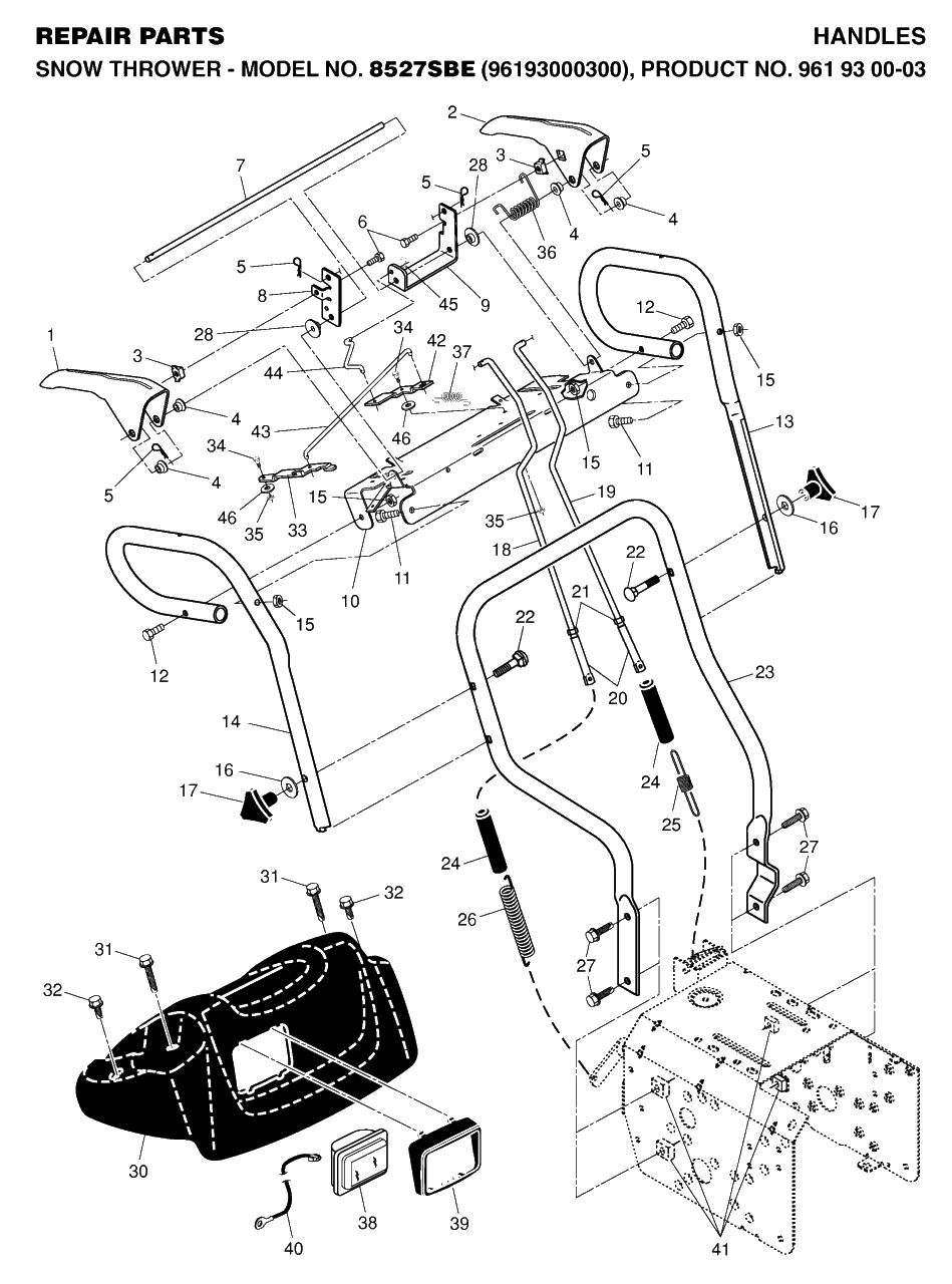 Handle And Controls Diagram and Parts List for 8527SBE (961930003-00)(2006-05) Husqvarna Snow Blower