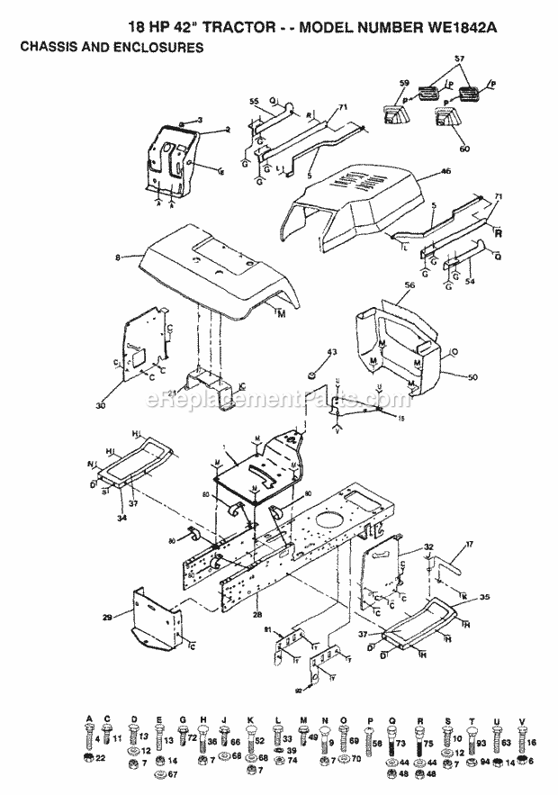 Chassis And Enclosures Diagram and Parts List for WE1842A 1993 Husqvarna Lawn Tractor