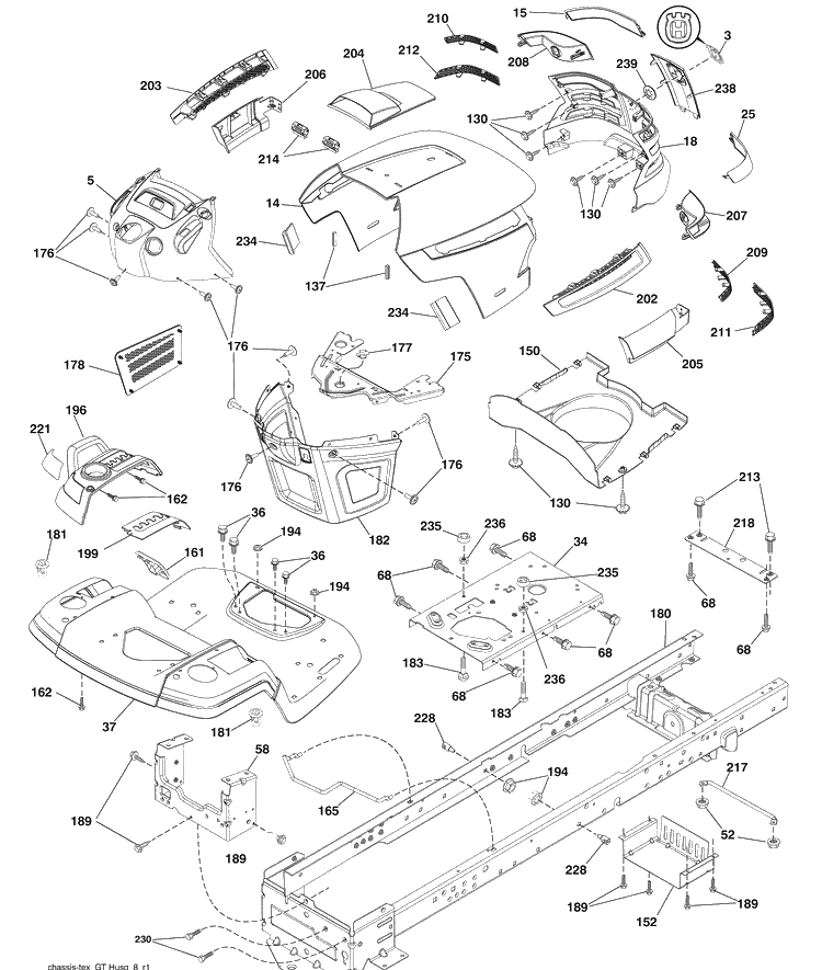 Chassis Diagram and Parts List for YTH2454 (96043006000)(2008-12) Husqvarna Lawn Mower