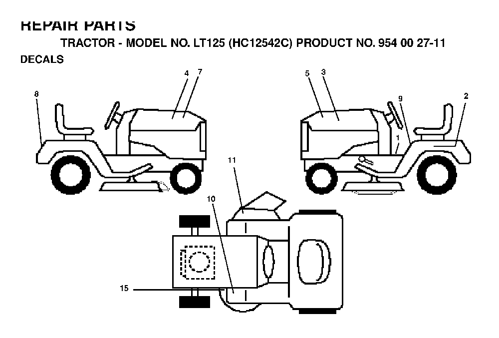 Decals Diagram and Parts List for LT125 (HC12542C, 954002711)(1996-04) Husqvarna Lawn Tractor