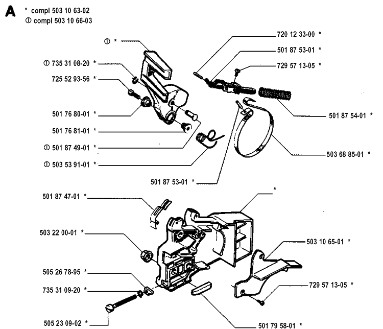 Chain Brake Diagram and Parts List for 45 19952300001-19981800000 Husqvarna Chainsaw