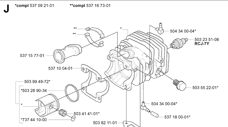 Cylinder Piston Diagram and Parts List for 334T 20051000001-20060100000 Husqvarna Chainsaw