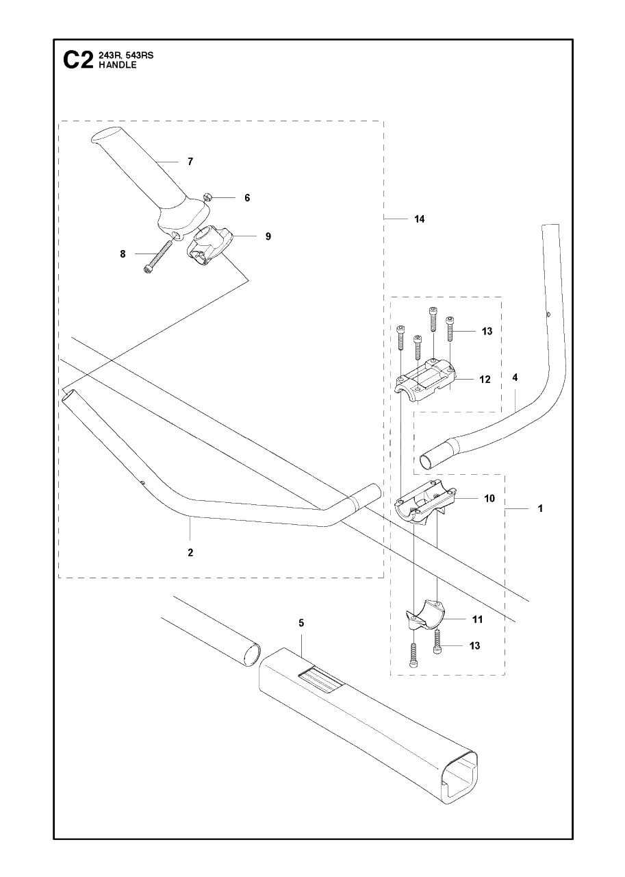 Handle Diagram and Parts List for 243R 20121000001 & Above Husqvarna Trimmer