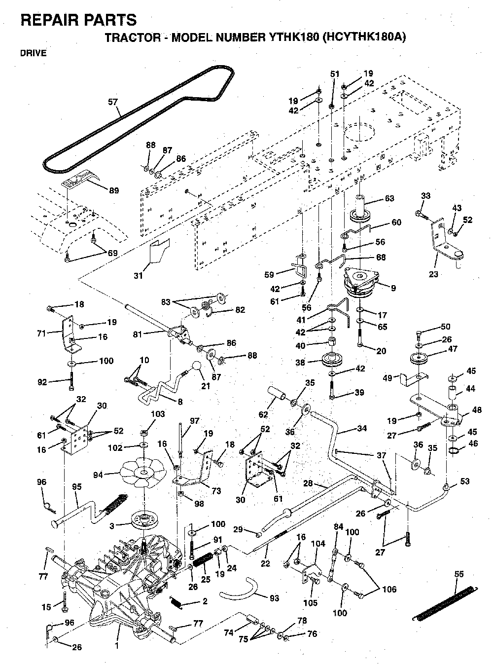 Drive Diagram and Parts List for YTHK180 (HCYTHK180A)(1996-01) Husqvarna Lawn Tractor