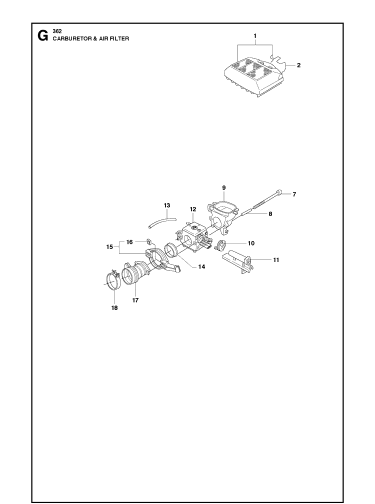 Carburetor And Air Filter 6 Diagram and Parts List for 362  Husqvarna Chainsaw