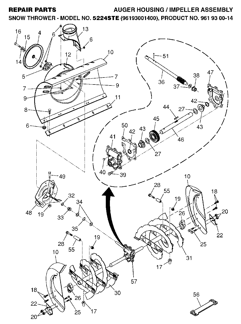 Auger Housing And Impeller Diagram and Parts List for 5524STE (96193001400, 961930014)(2006-08) Husqvarna Snow Blower