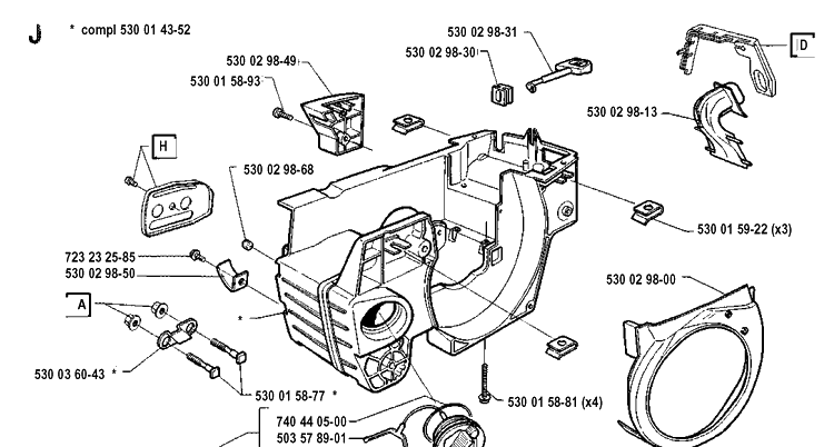 Crankcase Diagram and Parts List for 41 19912200001-19941800000 Husqvarna Chainsaw