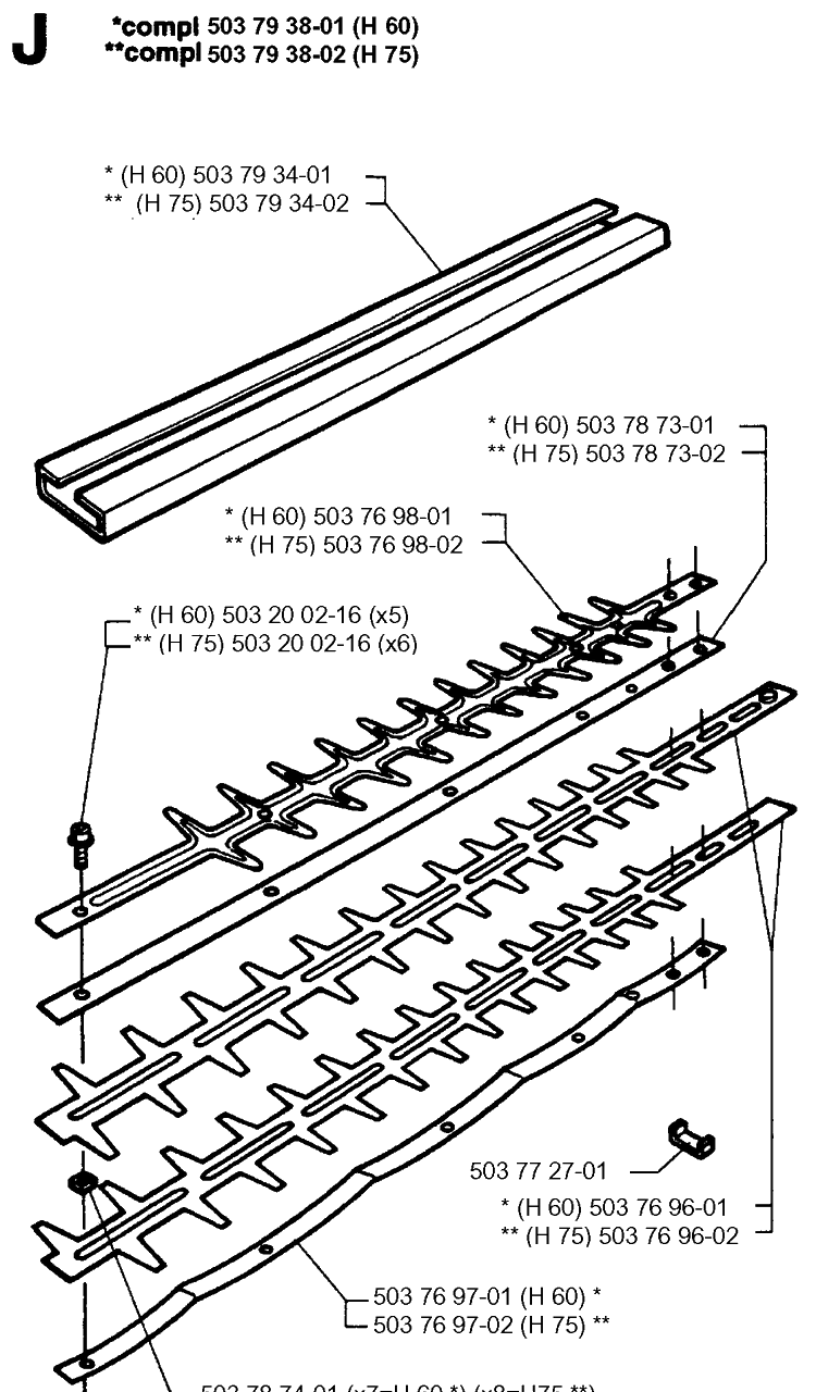 Cutting Equipment Diagram and Parts List for 225H75 19960500001-19970500000 Husqvarna Hedge Trimmer